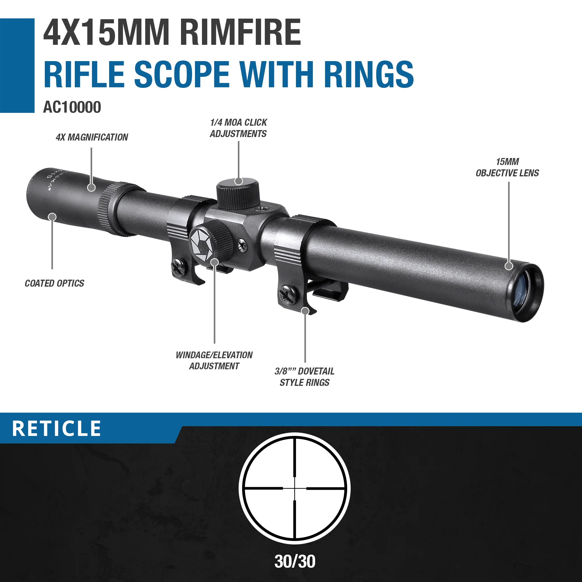 Ar Rimfire Scope 4x15mm Rimfire 30/30 Rifle Scope with Rings | AC10000 – Barska