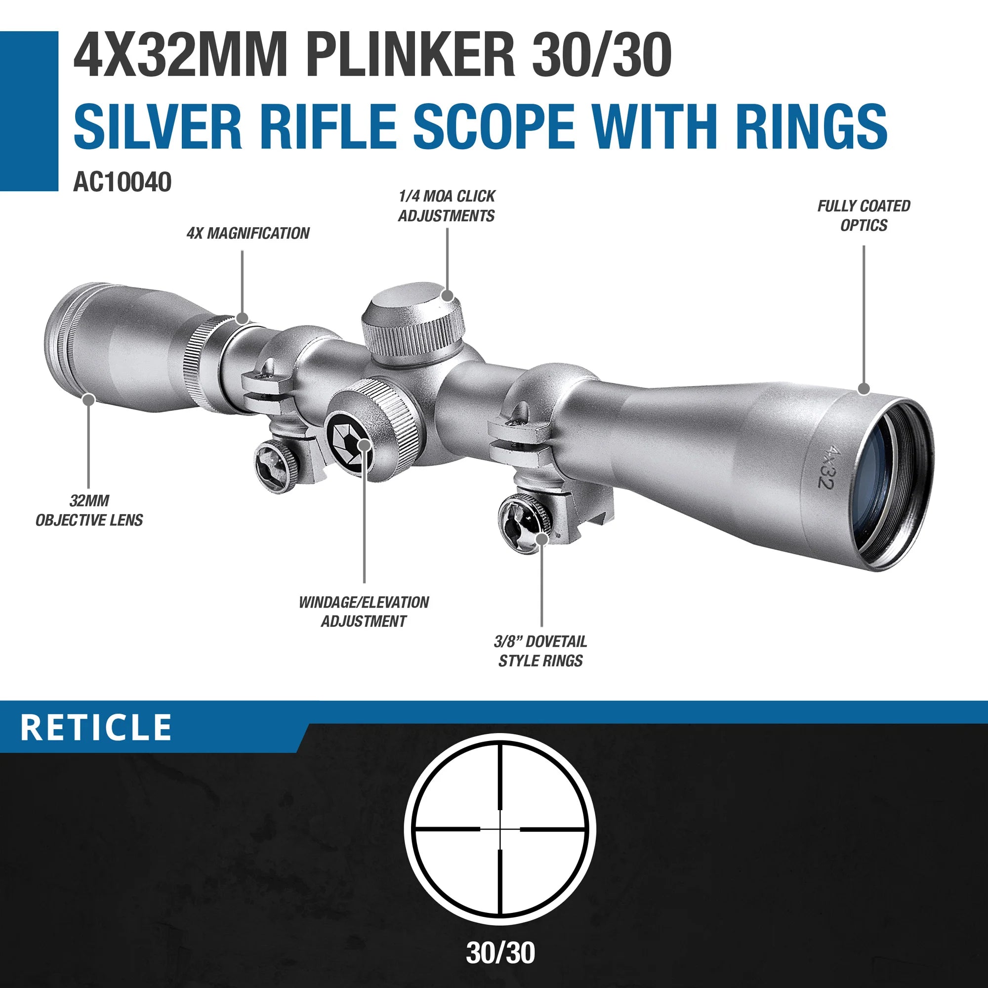 4x32mm Plinker-22 30/30 Silver Rifle Scope with Rings | AC10040 – Barska