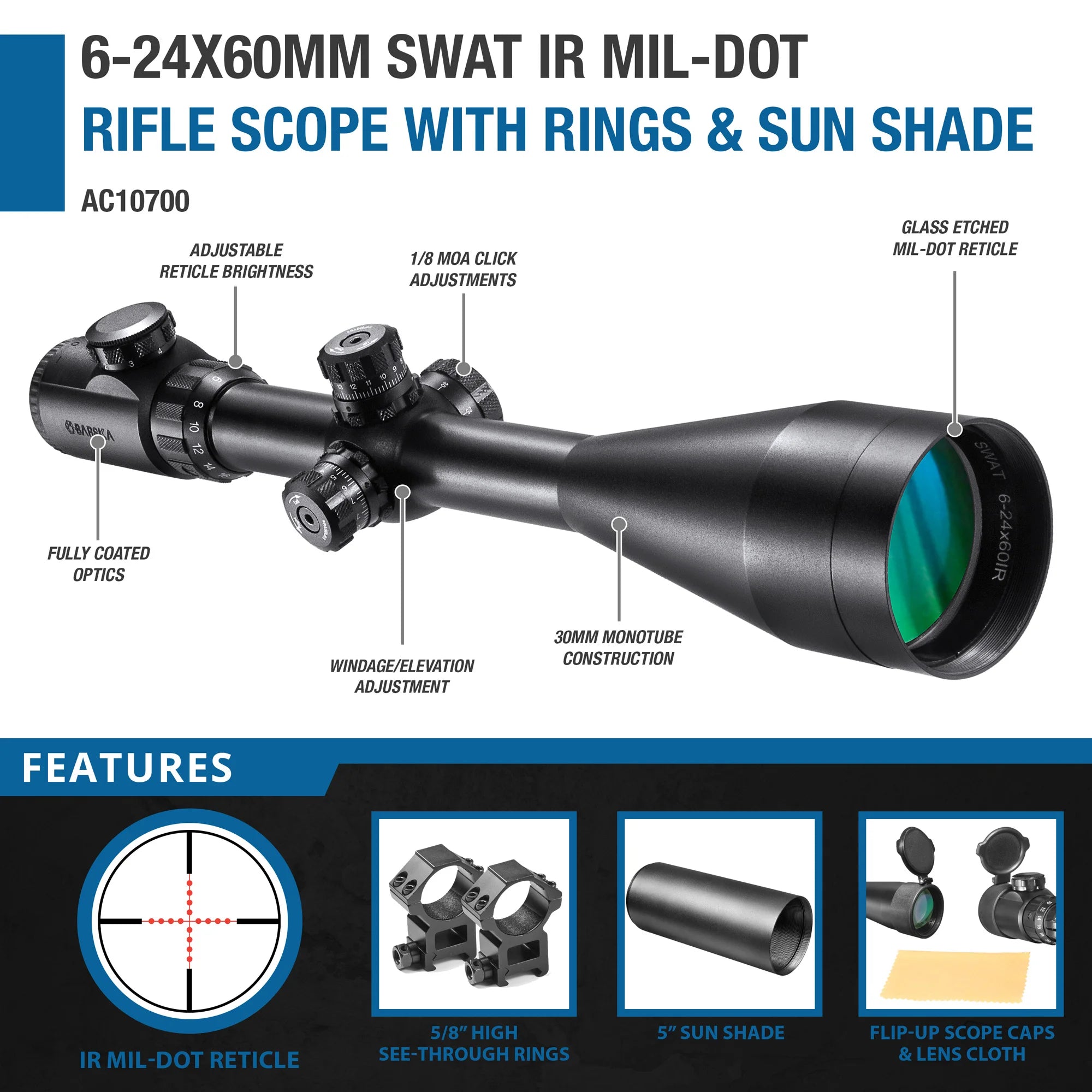 Swat Rifle 6-24x60mm SWAT IR Mil-Dot Rifle Scope with Rings & Sun Shade | AC10700 ...