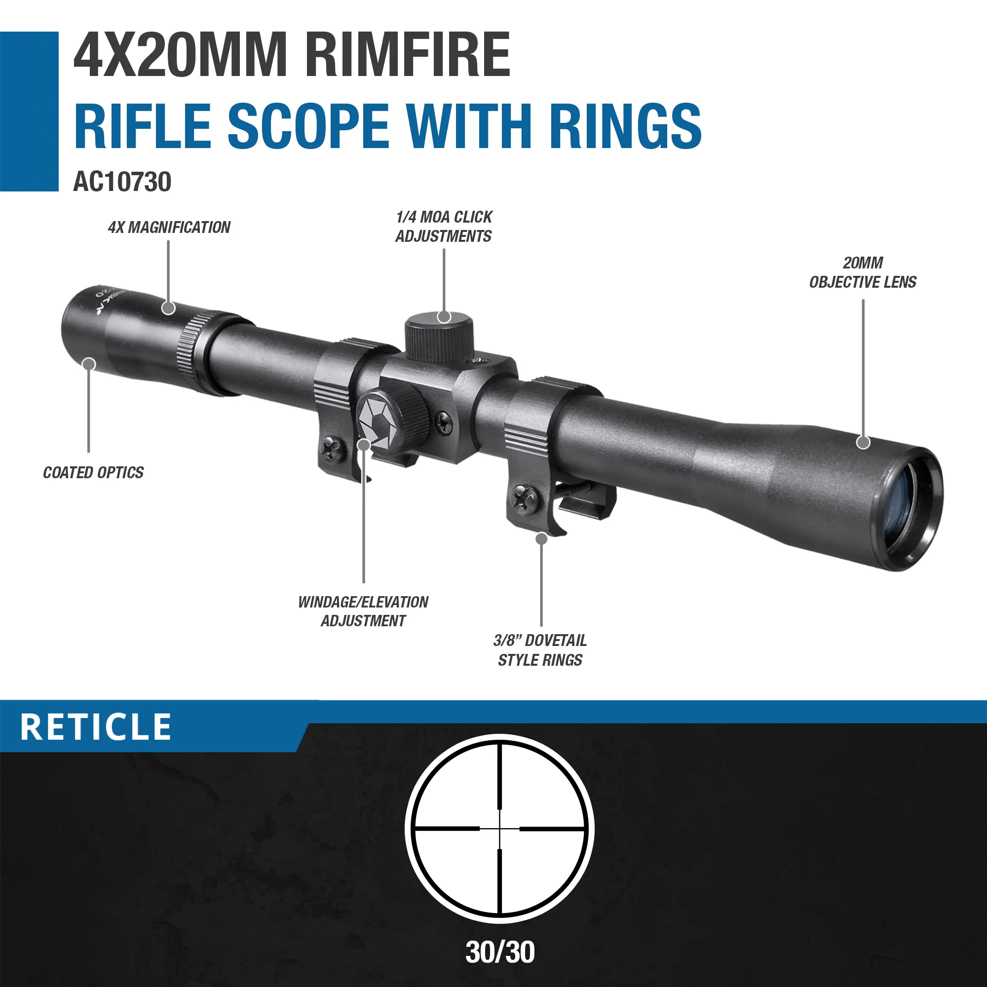 Compact Rimfire Scope 4x20mm Rimfire 30/30 Rifle Scope with Rings | AC10730 – Barska