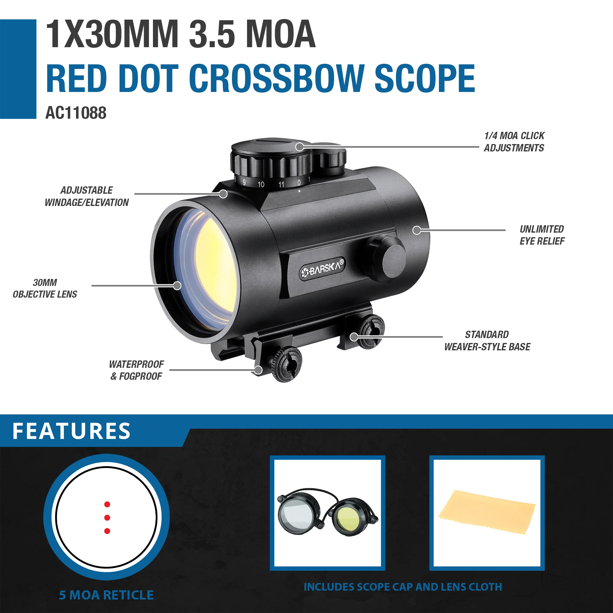 1x30mm 3.5 MOA Red Dot Crossbow Scope | AC11088 – Barska