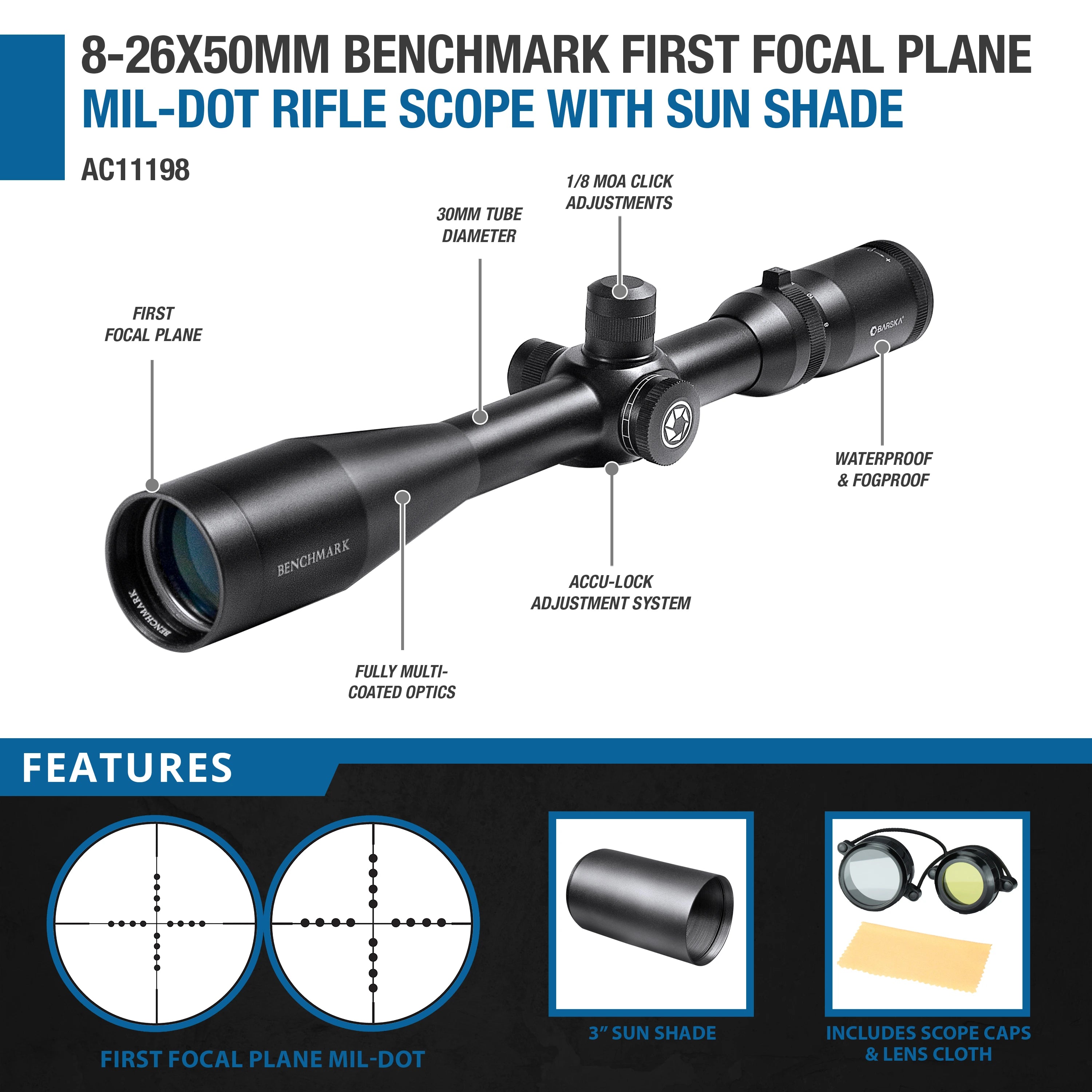 Focal Scope 8-26x50mm Benchmark First Focal Plane Mil-Dot Rifle Scope With Sun Sha ...