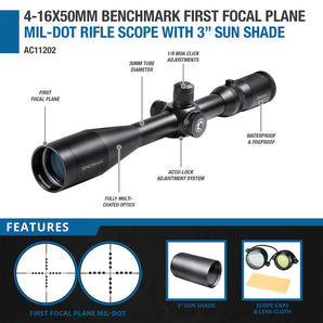 4-16x50mm Benchmark First Focal Plane Mil-Dot Rifle Scope with 3" Sun Shade | AC11202