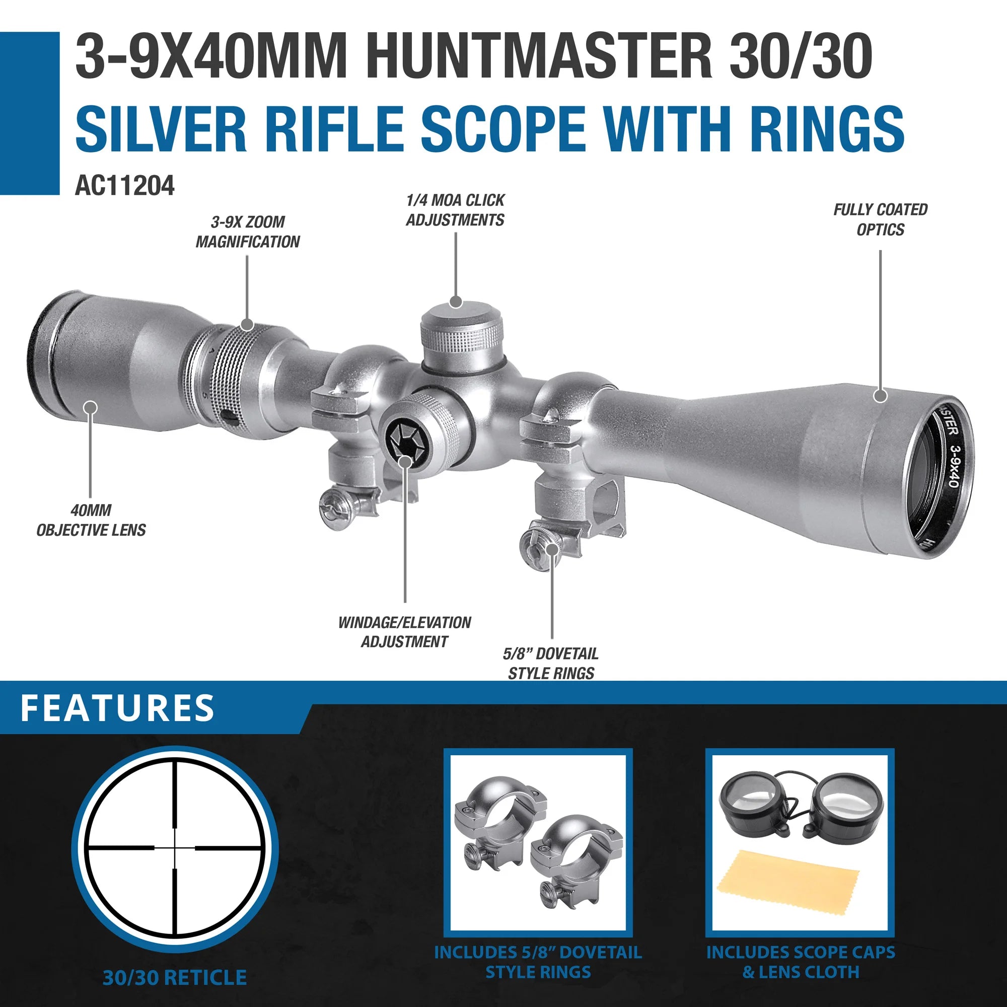 3-9x40mm Huntmaster 30/30 Silver Rifle Scope with Rings | AC11204 – Barska