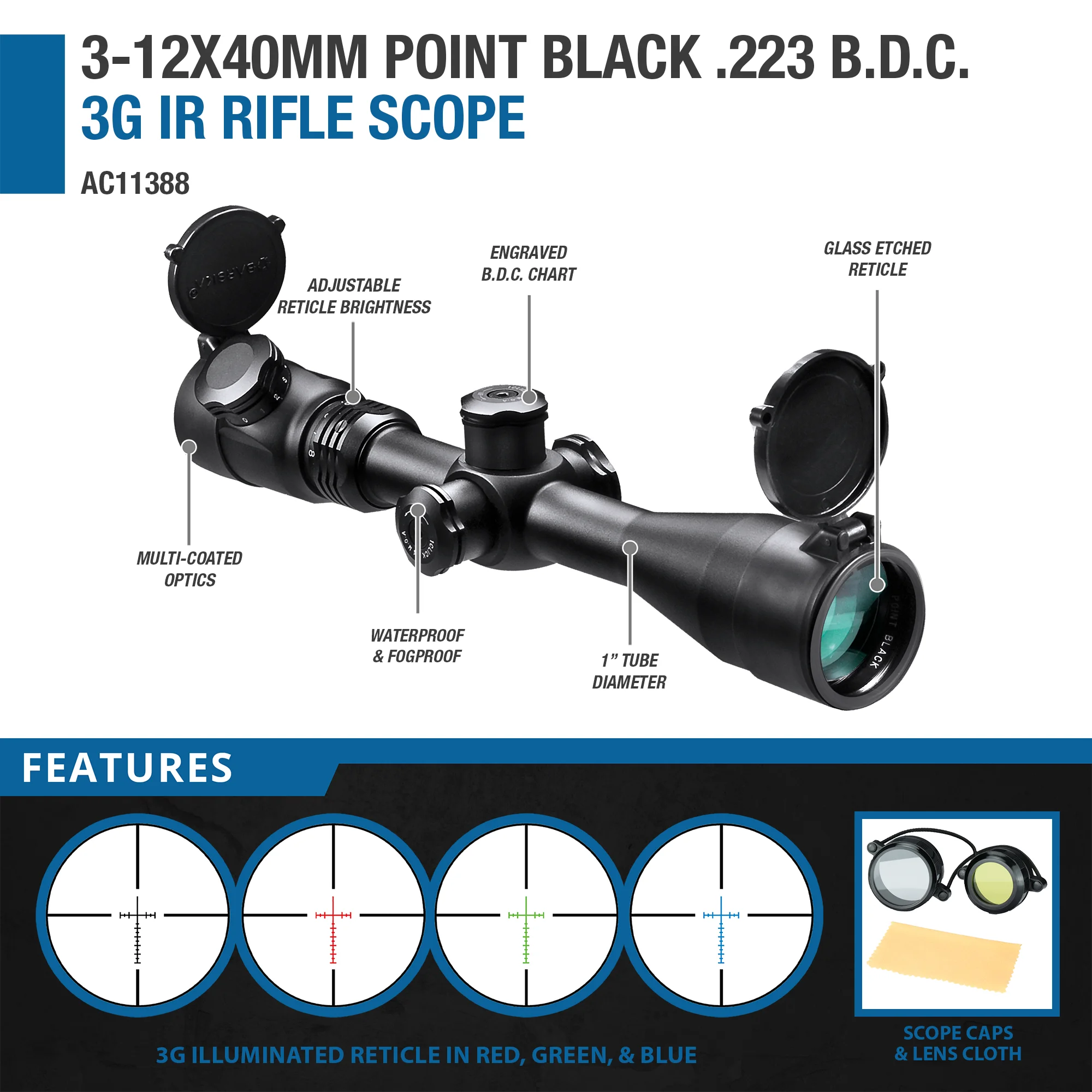 3-12x40mm Point Black .223 B.D.C. 3G IR Rifle Scope | AC11388 – Barska