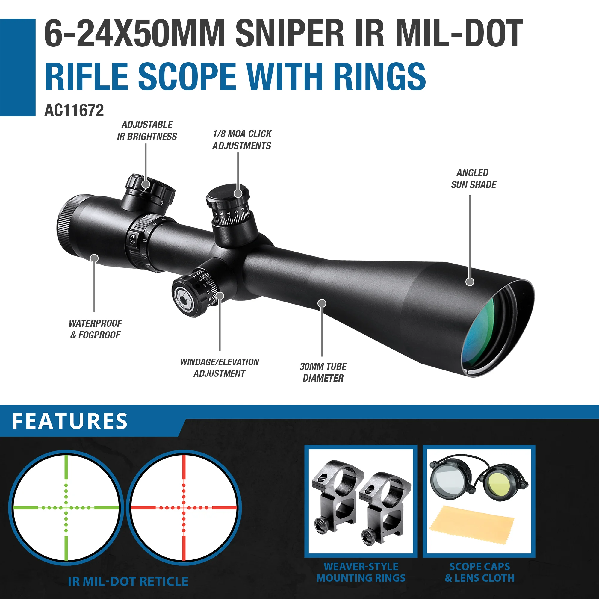 Scope Net 6-24x50mm Sniper IR Mil-Dot Rifle Scope with Rings | AC11672 – Barska