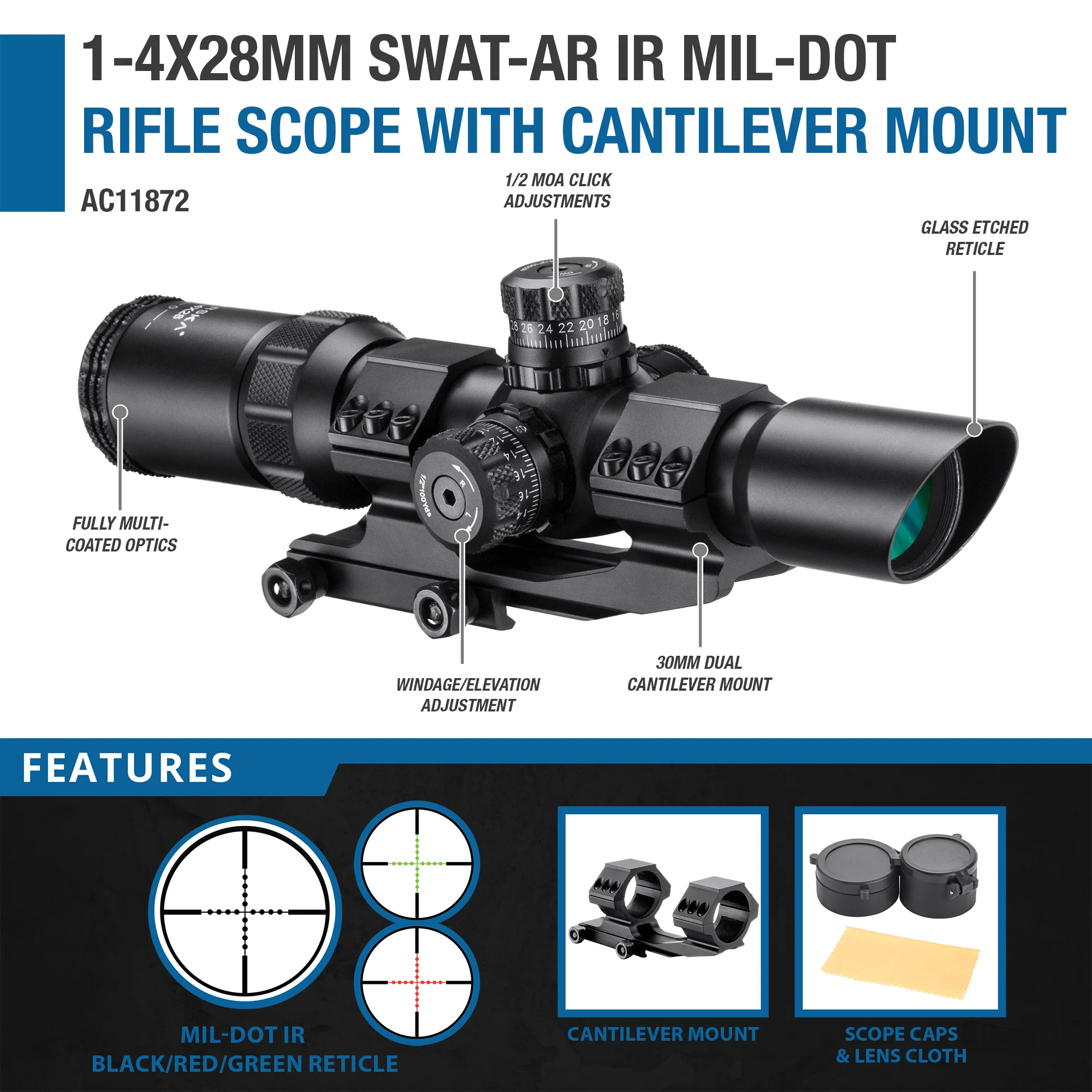 1-4x28mm SWAT-AR IR Mil-Dot Rifle Scope with Cantilever Mount | AC1187 –  Barska