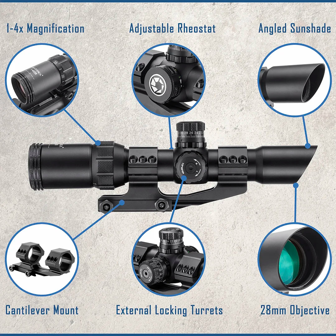 1-4x28mm SWAT-AR IR Mil-Dot Rifle Scope with Cantilever Mount 1-4x28mm SWAT-AR IR Mil-Dot Rifle Scope with Cantilever Mount