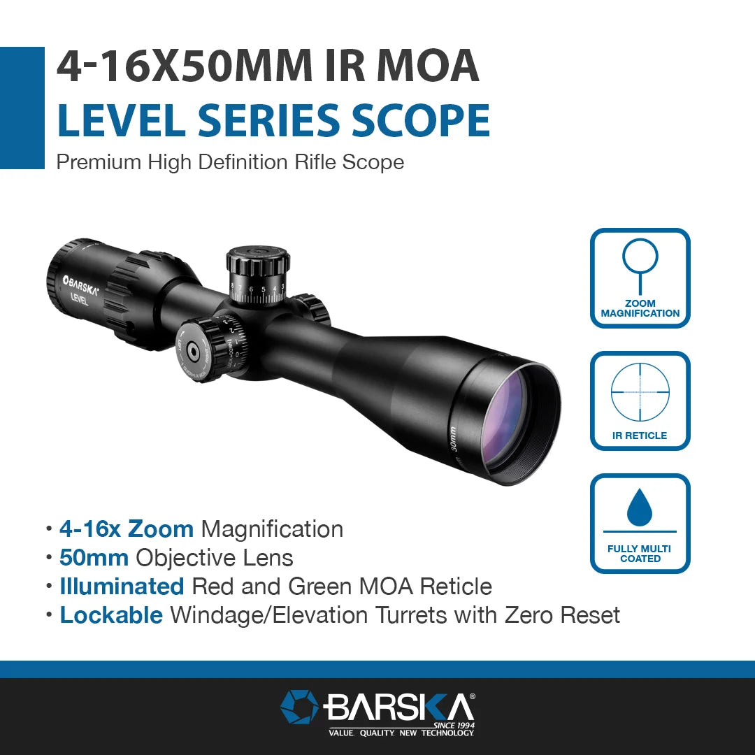 4-16x50mm LEVEL IR MOA Rifle Scope | AC12784 – Barska