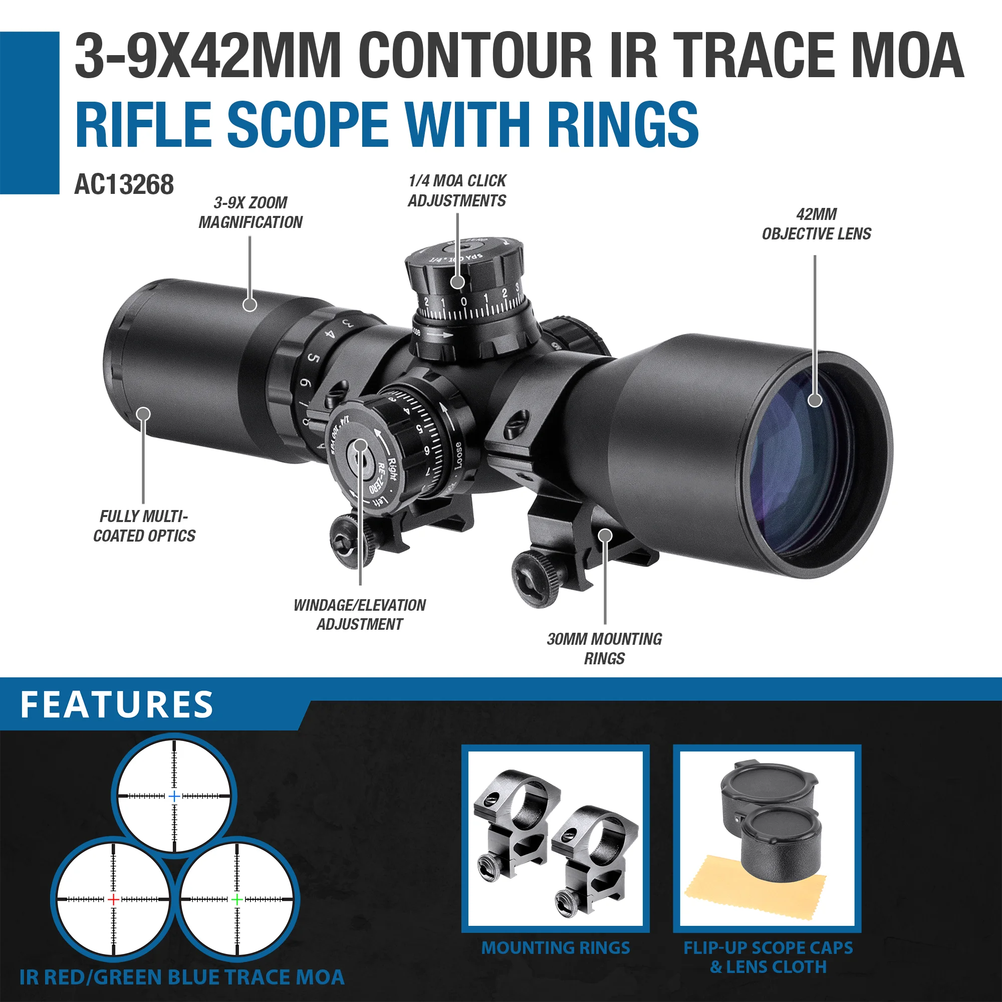 Trace Rifle Buff 3-9x42mm Contour IR Red/Green/Blue Trace MOA Rifle Scope with Rings ...