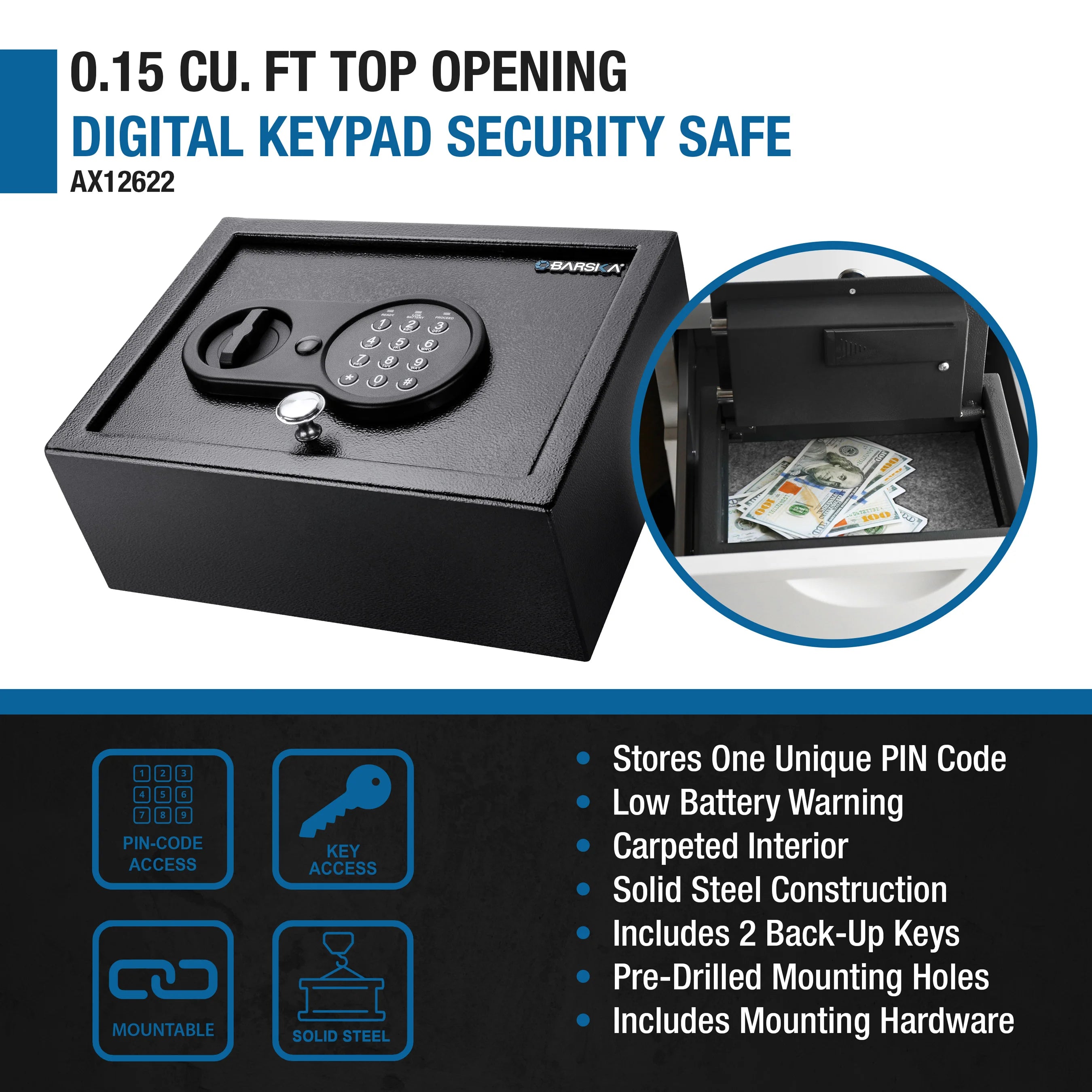 0.15 Cu. ft Top Opening Keypad Security Safe | AX12622 – Barska 0.15 Cu. ft Top Opening Keypad Security Safe | AX12622 – Barska