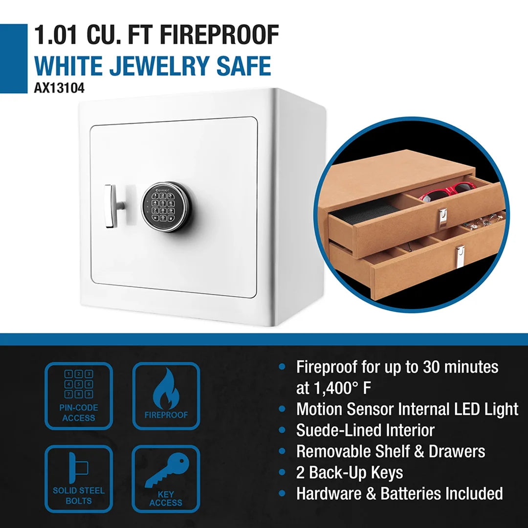 1.01 Cu. ft Keypad Fireproof Jewelry Safe, White | AX13104 – Barska 1.01 Cu. ft Keypad Fireproof Jewelry Safe, White | AX13104 – Barska