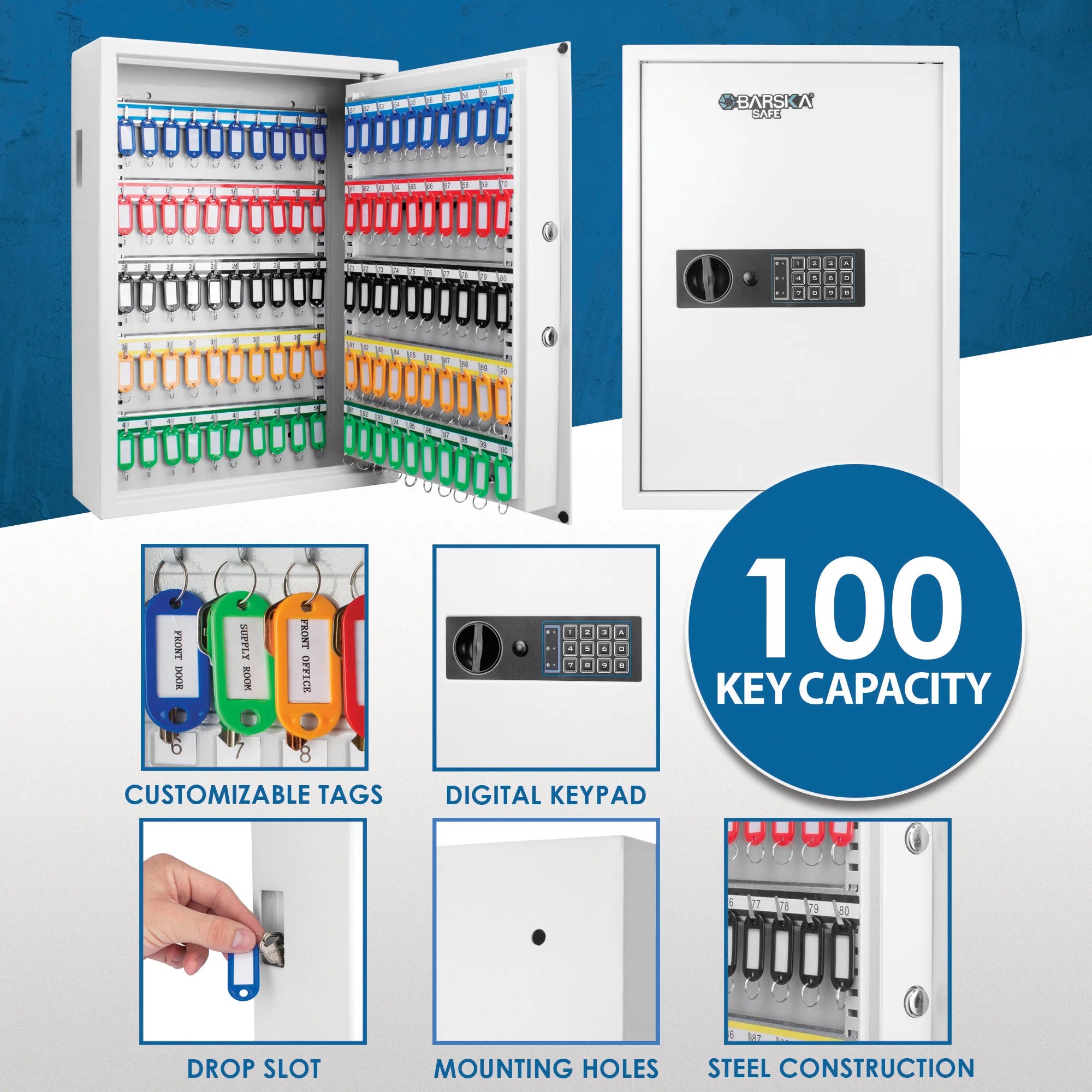 100 Capacity Fixed Position Key Cabinet Digital Keypad Wall Safe, Whit ...