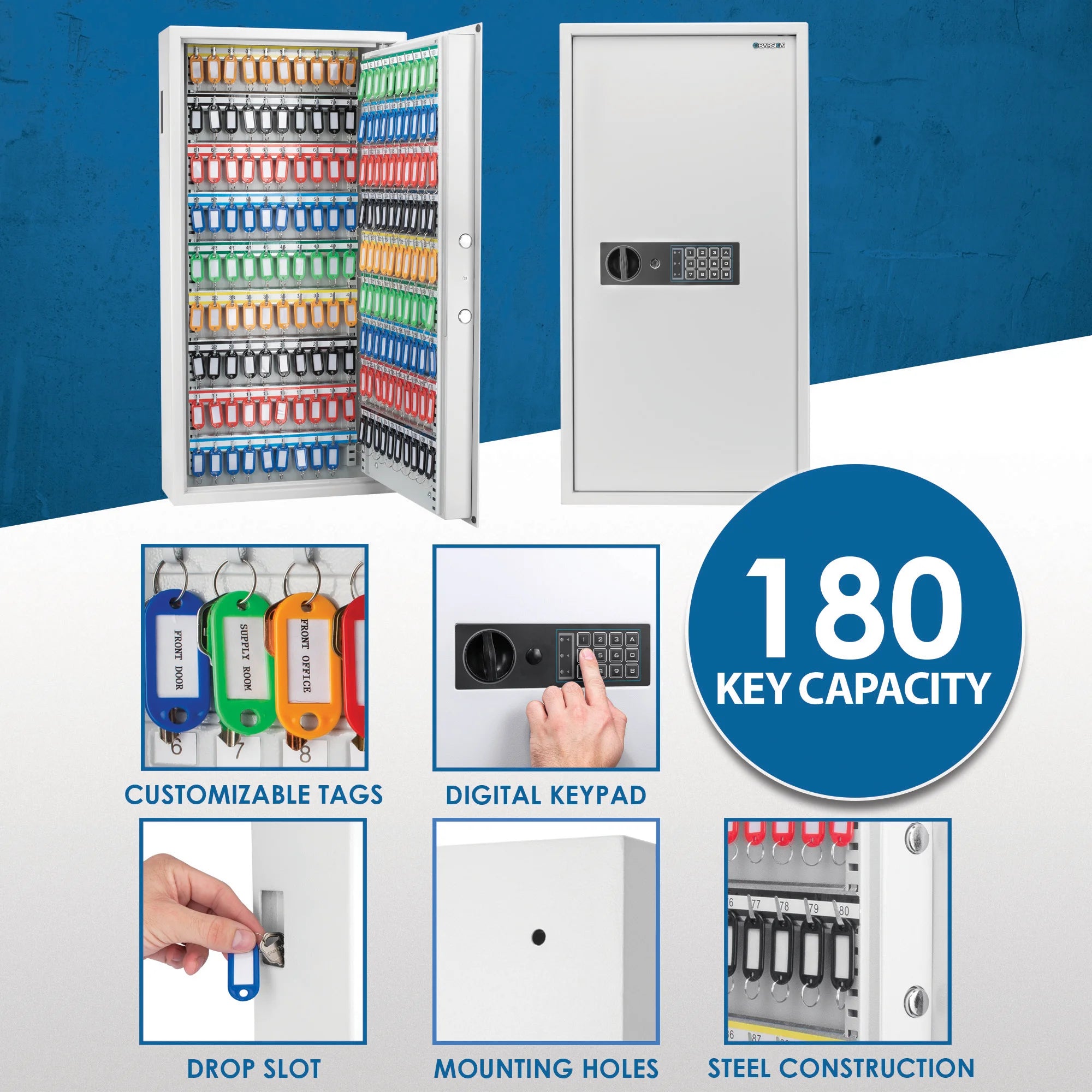 180 Capacity Adjustable Key Cabinet Digital Keypad Wall Safe, White ...