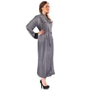 Aus Vio 100% Natural Charmeuse Silk Luxurious Satin Robe with Black Lace, Grey, Small/Medium | BM12572
