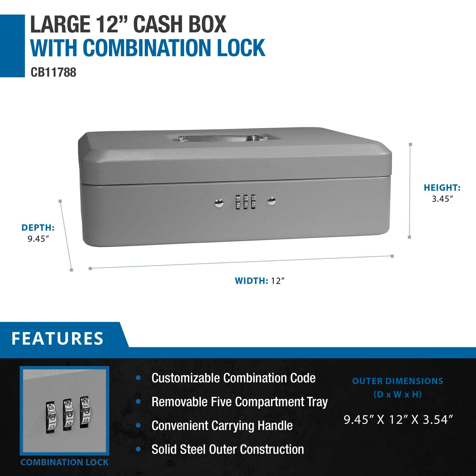 PAVO 8014408 12 pouces Cash Boite avec Combination Lock - Foncé Gris PAVO 8014408 12 pouces Cash Boite avec Combination Lock - Foncé Gris