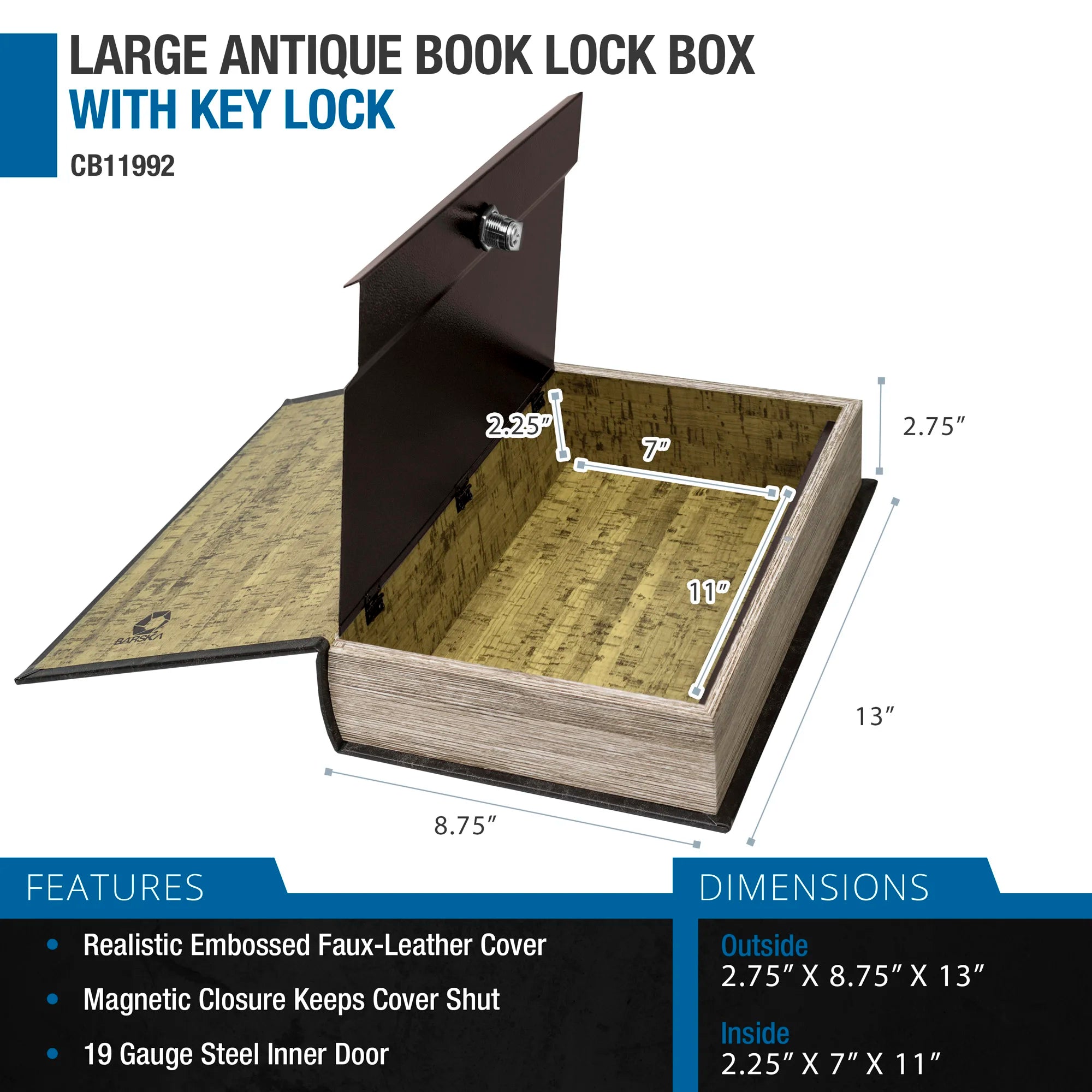 Large Antique Book Lock Box with Key Lock | CB11992 – Barska