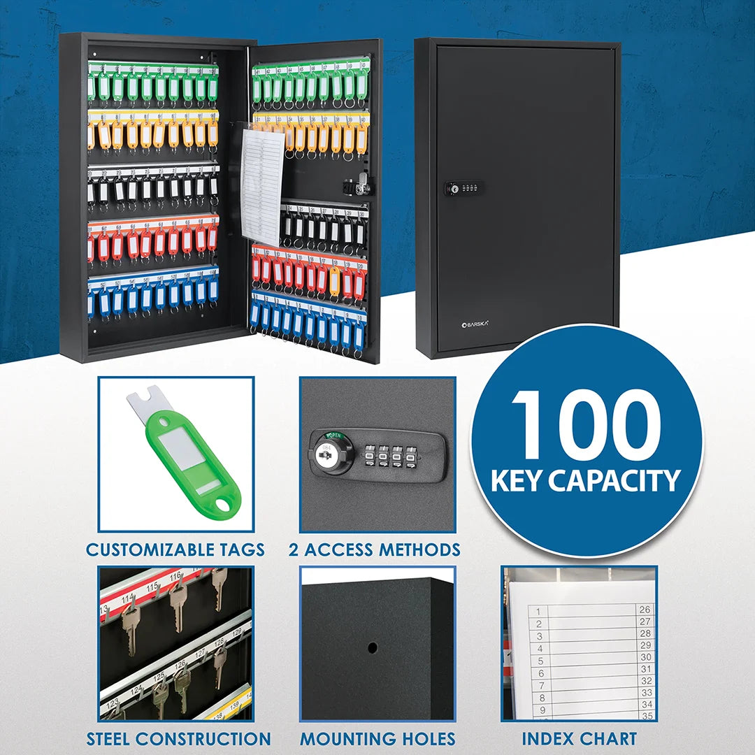 100 Capacity Adjustable Key Cabinet with Combination & Key Lock, Black ...