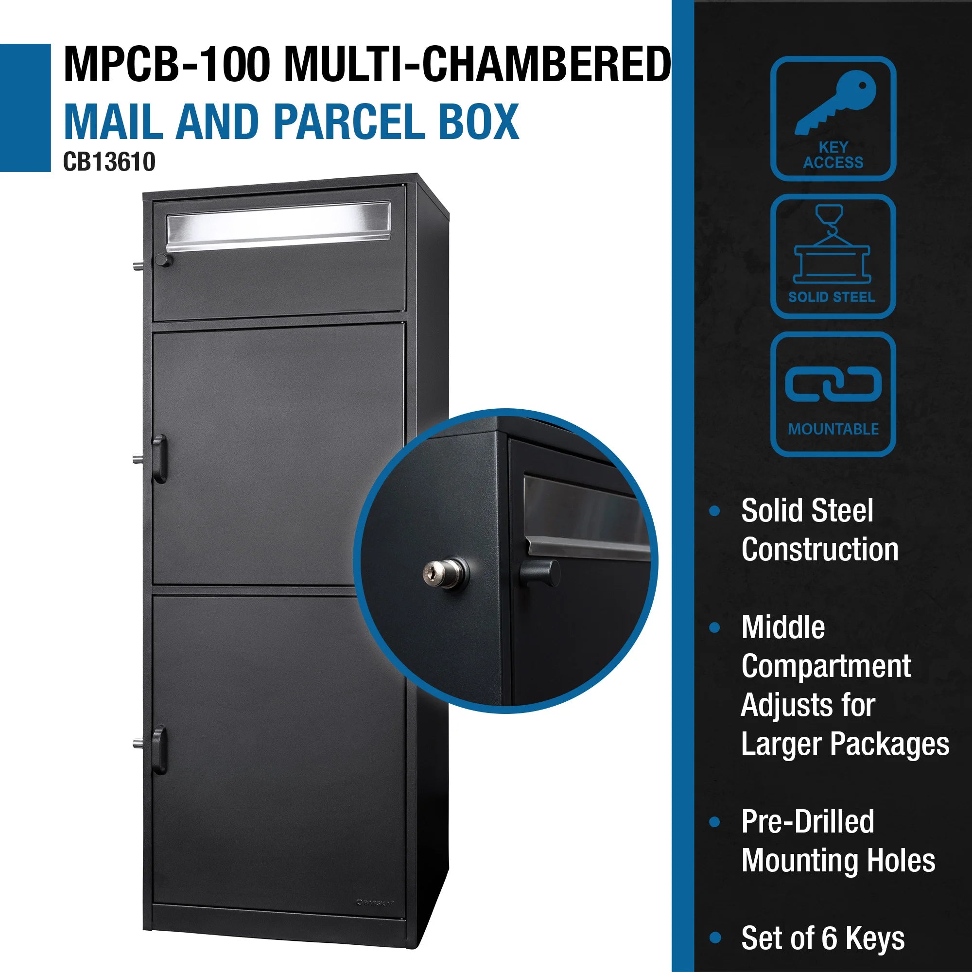 Mbx Mailbox MPCB-100 Three Compartment Locking Mail and Parcel Box with Package Co ...